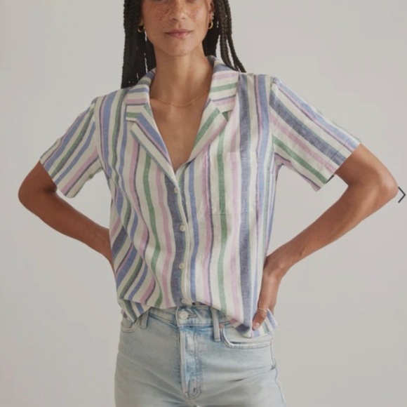 Marine Layer Tops - Marine Layer Lucy Resort Shirt Coastal Stripe Hemp Pastel Camp Beachy Travel XS